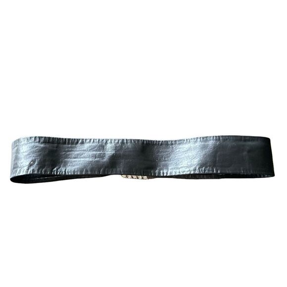 EMMANUEL Vintage Black Leather Belt Faux White Stone Buckle Made In Canada XS/S